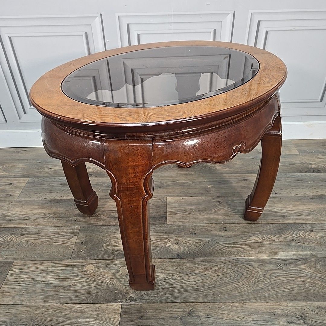 Vintage Oval Coffee Table Glass Top Carved Wooden Side Ming Style Oriental photo furniture