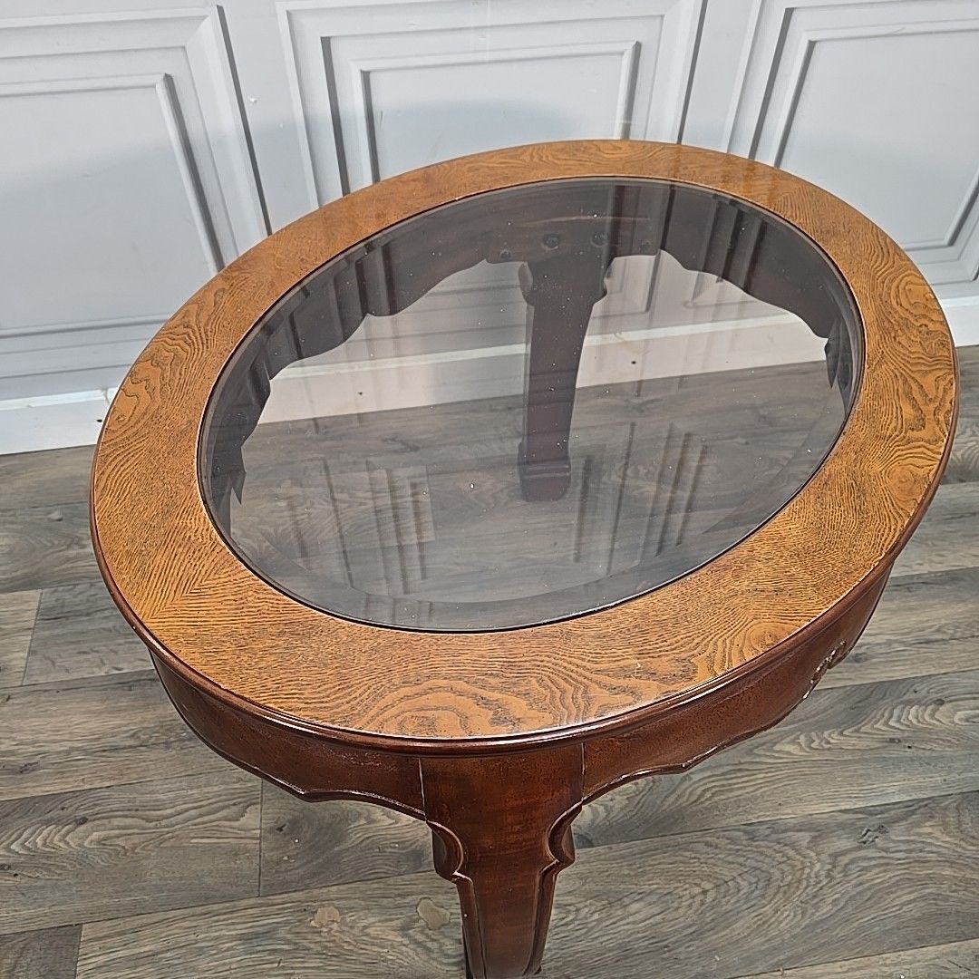 Vintage Oval Coffee Table Glass Top Carved Wooden Side Ming Style Oriental photo Furniture