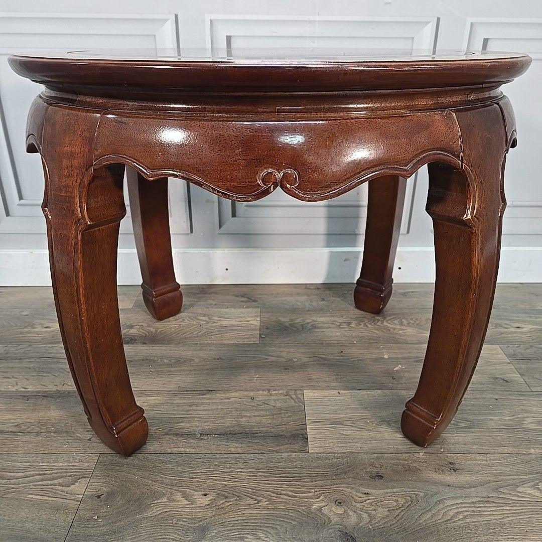 Vintage Oval Coffee Table Glass Top Carved Wooden Side Ming Style Oriental photo vintage