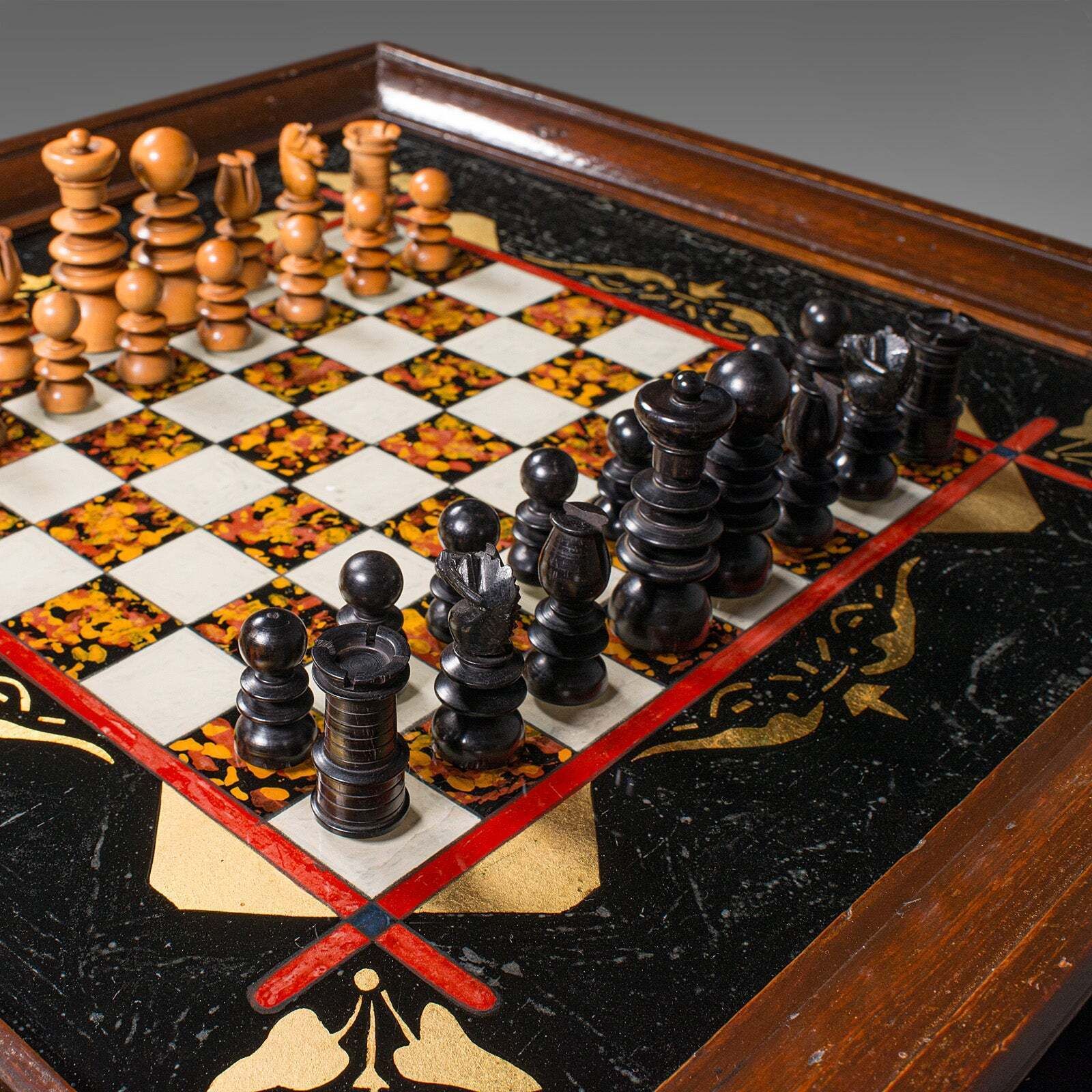 Antique Chess Board Set, English Painted Glass, Pine, Parlour Game, Edwardian photo Home Decor