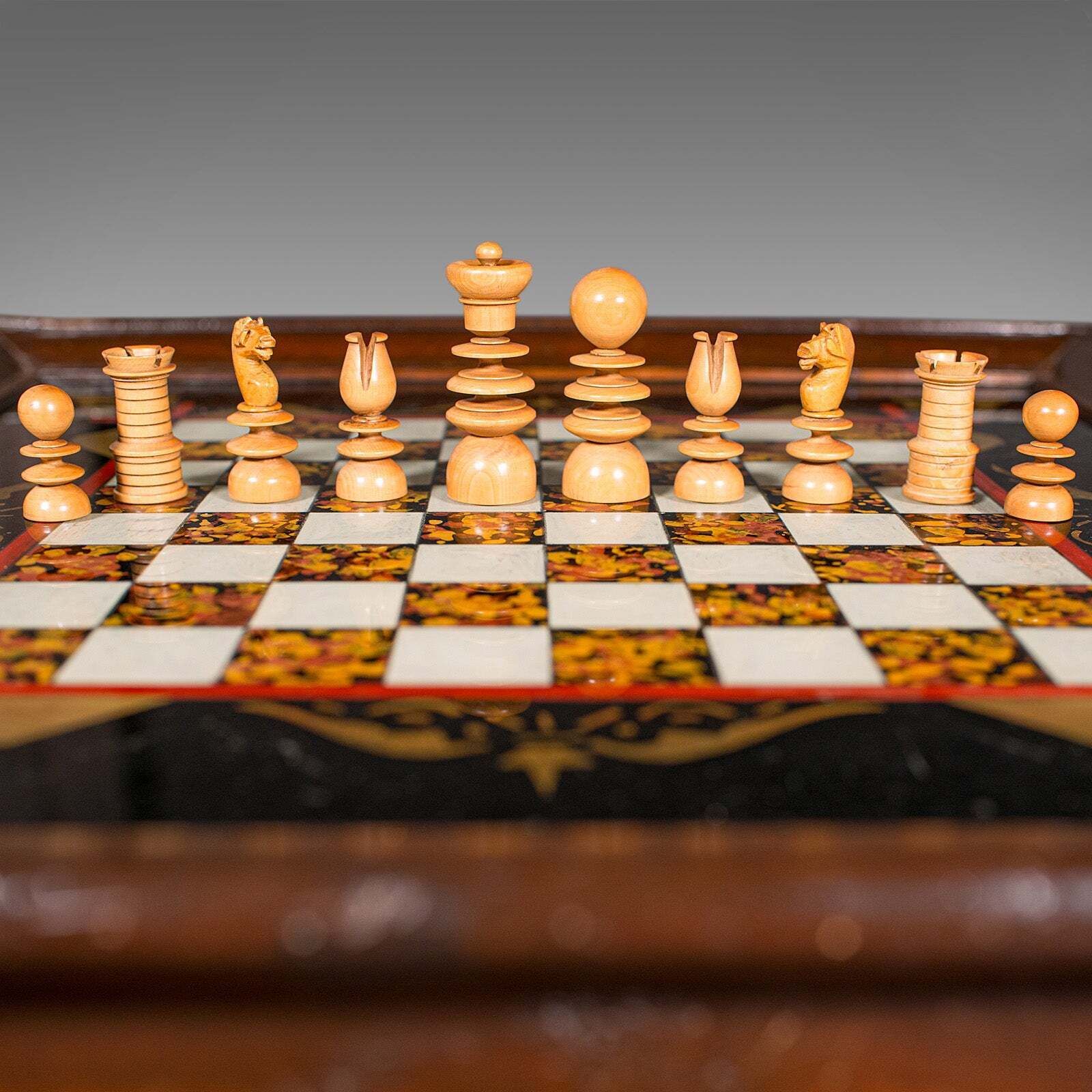 photo for sale Antique Chess Board Set, English Painted Glass, Pine, Parlour Game, Edwardian