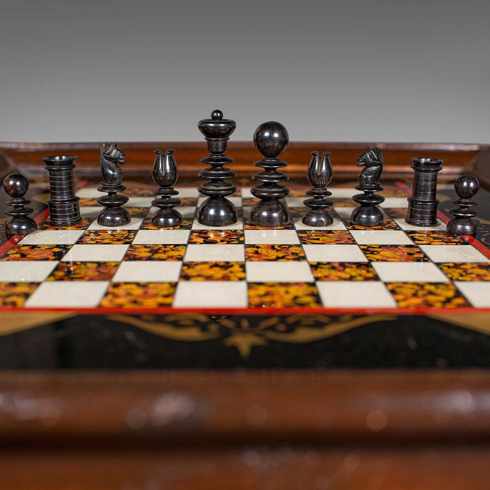 Home Decor Antique Chess Board Set, English Painted Glass, Pine, Parlour Game, Edwardian photo