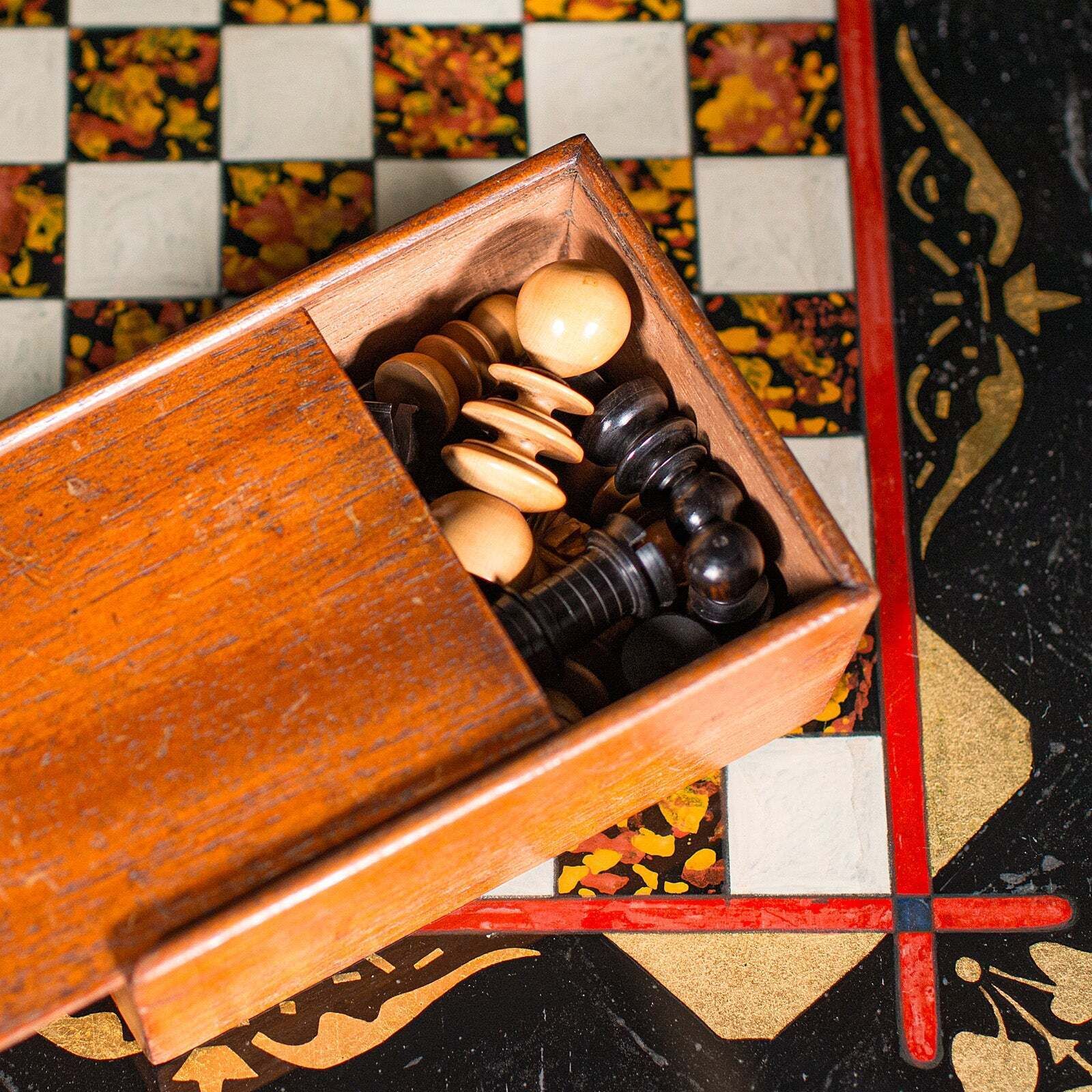 1004.0 Antique Chess Board Set, English Painted Glass, Pine, Parlour Game, Edwardian photo
