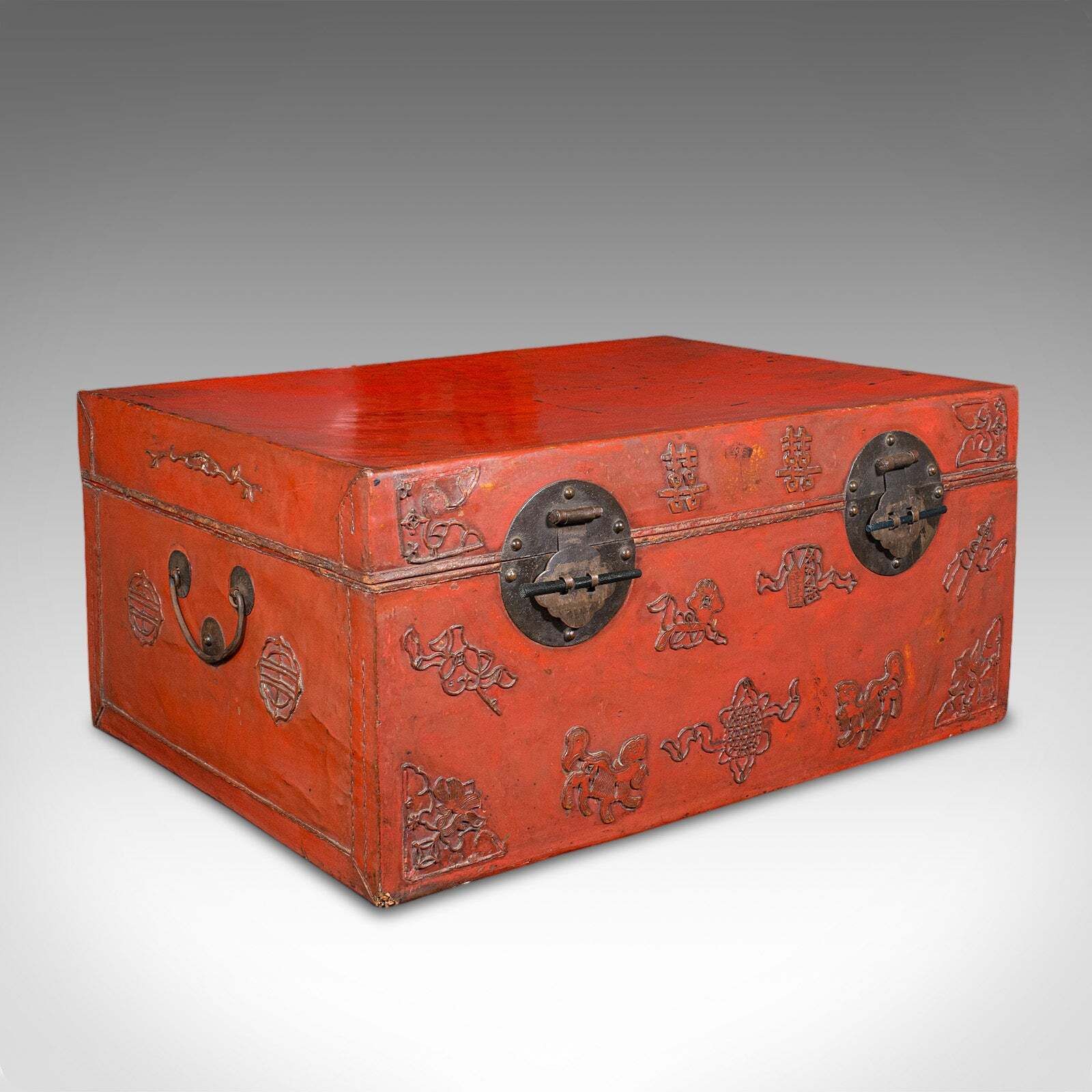 Vintage Decorative Trunk, Oriental, Leather, Travel Case, Storage Case, Art Deco