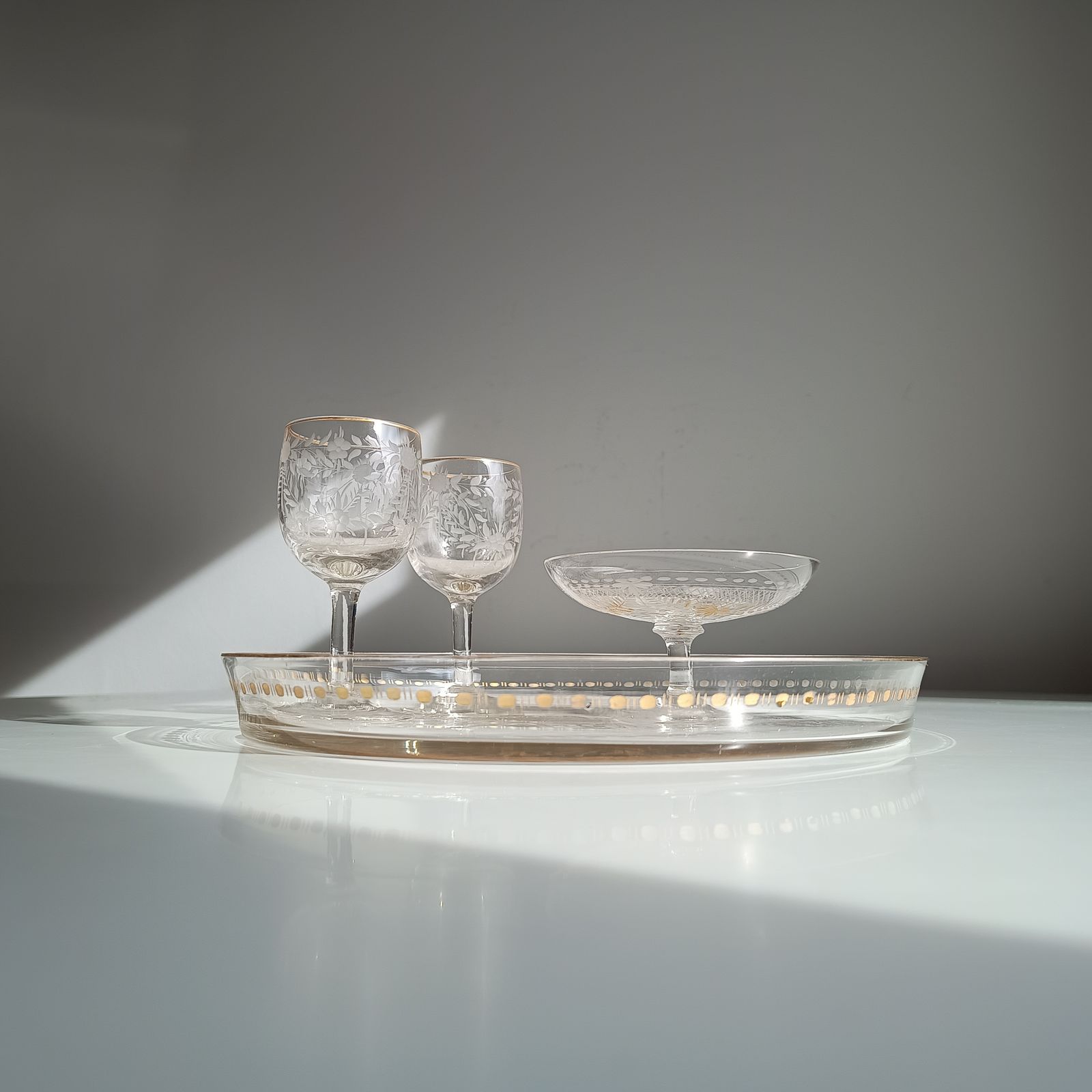 photo furniture Antique French Crystal Drinks Tray & 2 Glasses: Engraved Garlands, Gilt Decor, Belle Epoque