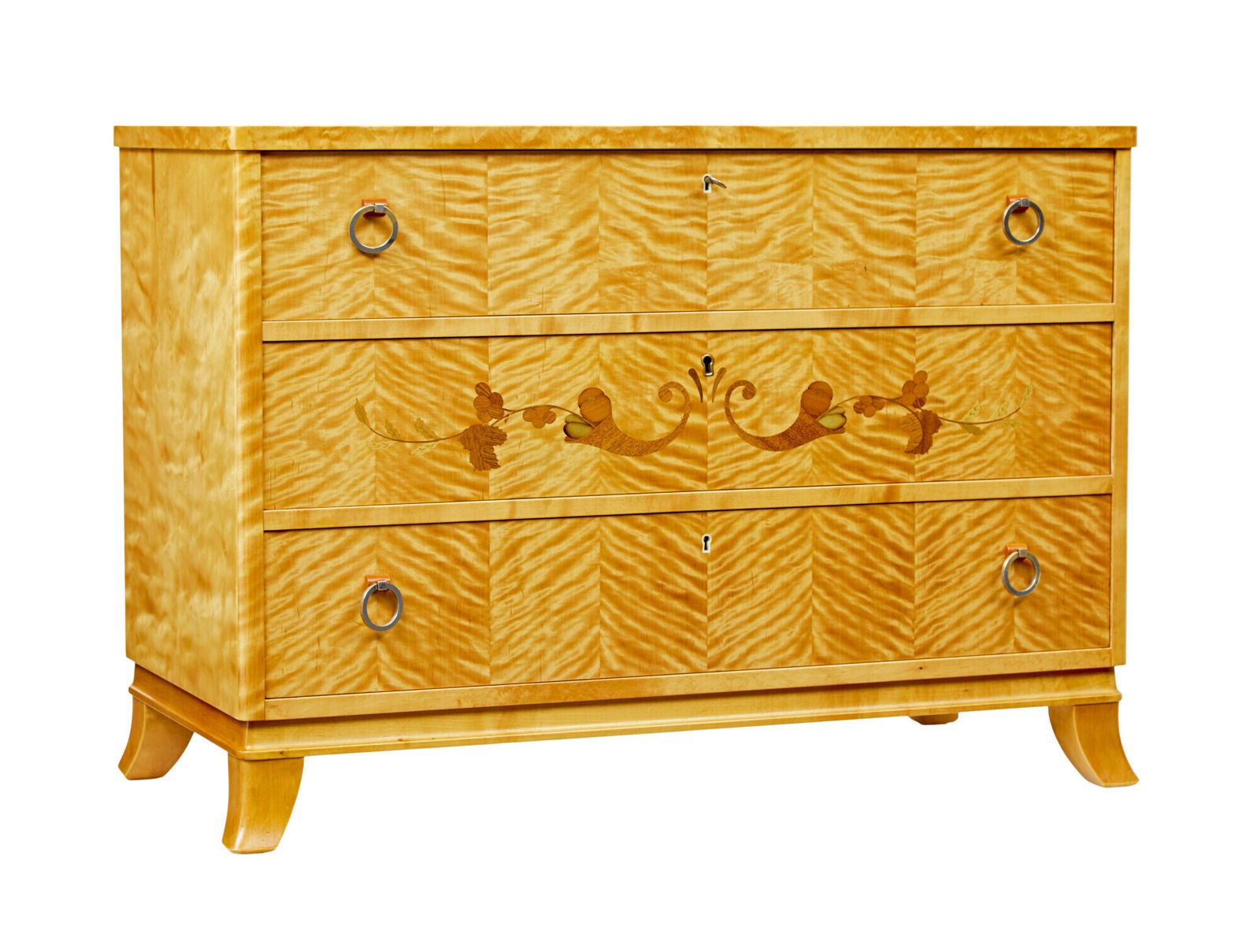 Swedish Mid Century Inlaid Birch Chest Of Drawers.