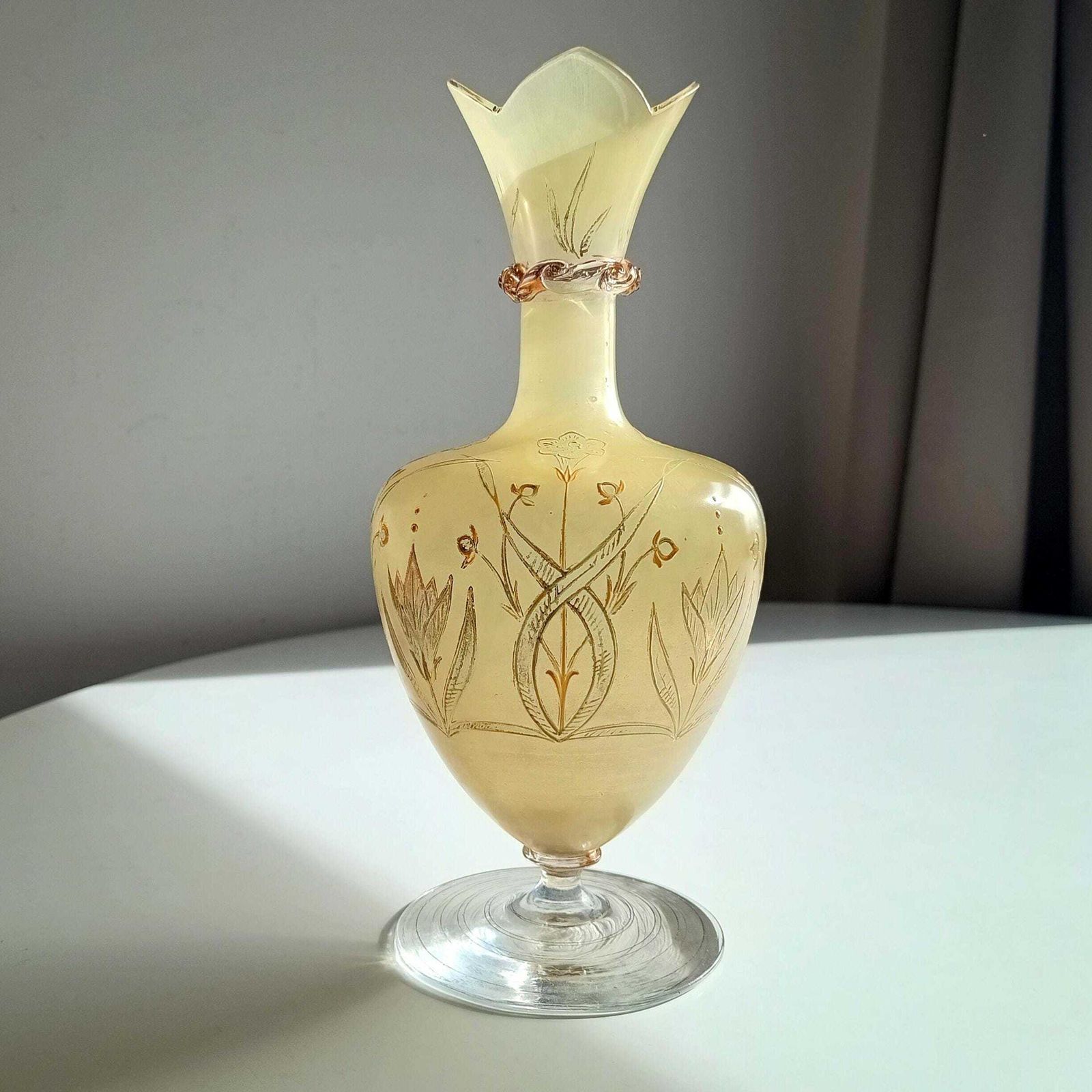 Antique Harrach Belle Epoque Japonisme Gold Paste Enamel Glass Vase: Quatrefoil Geometric Mouth. photo furniture