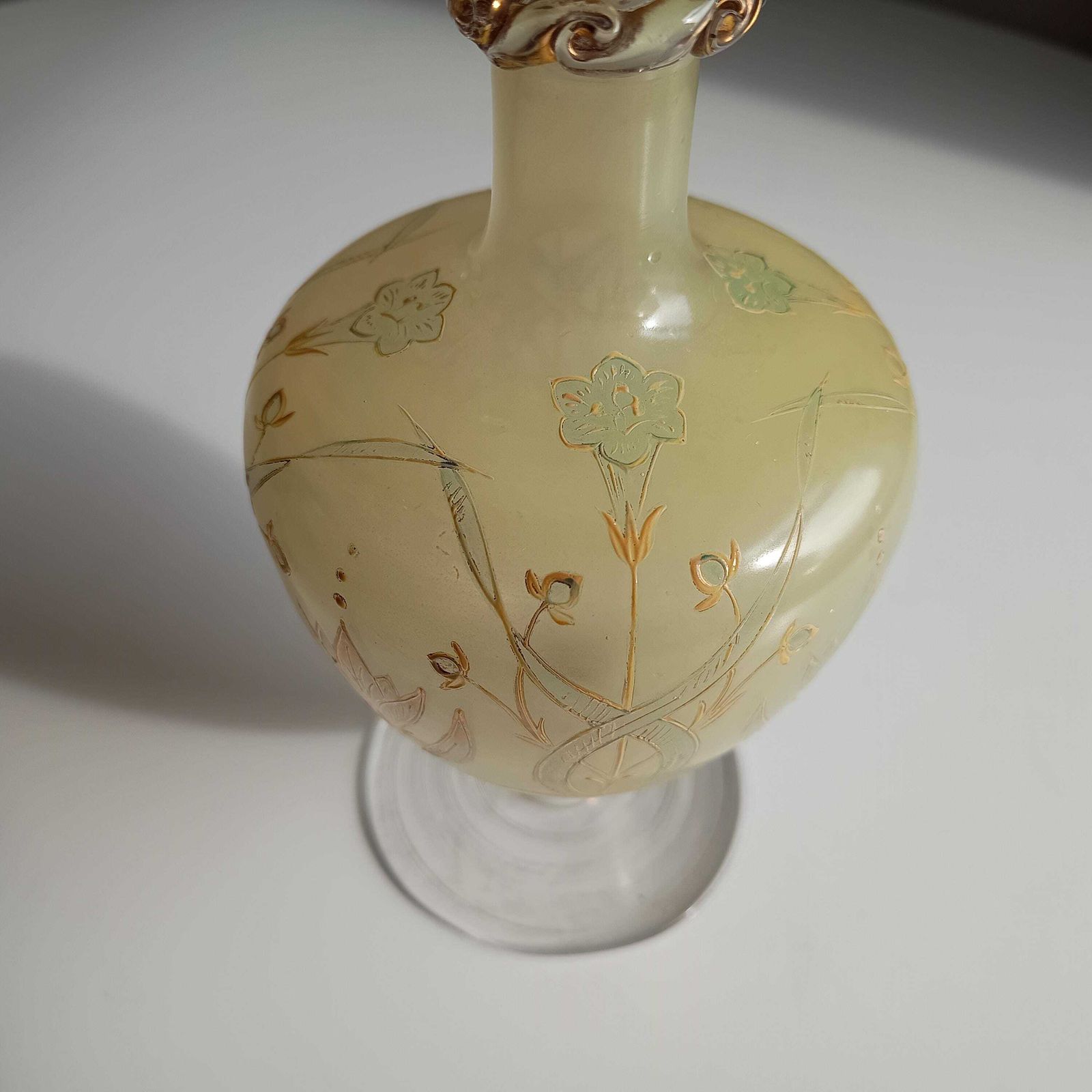 photo furniture Antique Harrach Belle Epoque Japonisme Gold Paste Enamel Glass Vase: Quatrefoil Geometric Mouth.