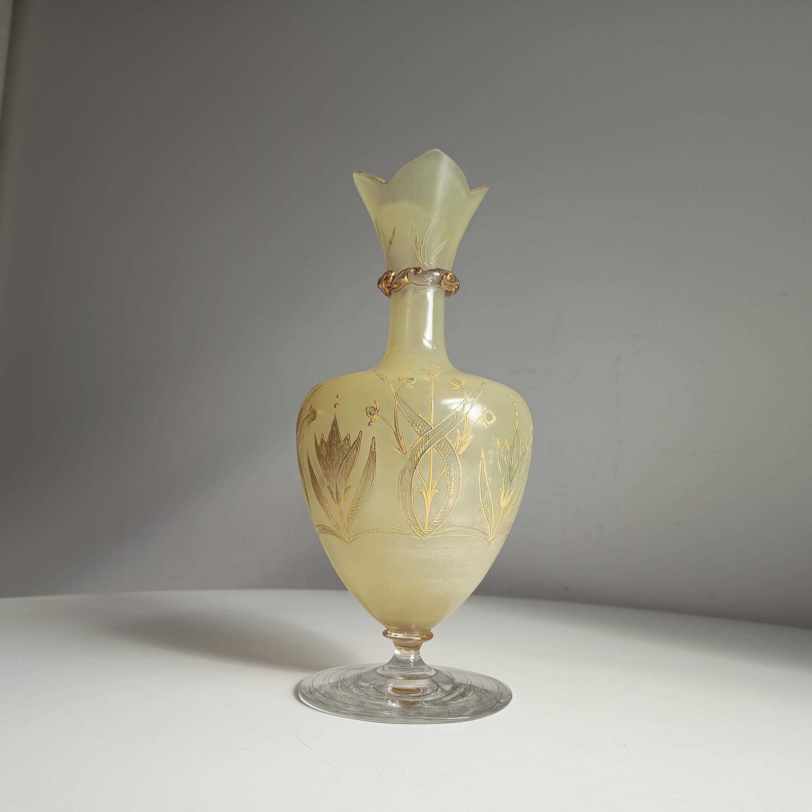 photo for sale Antique Harrach Belle Epoque Japonisme Gold Paste Enamel Glass Vase: Quatrefoil Geometric Mouth.