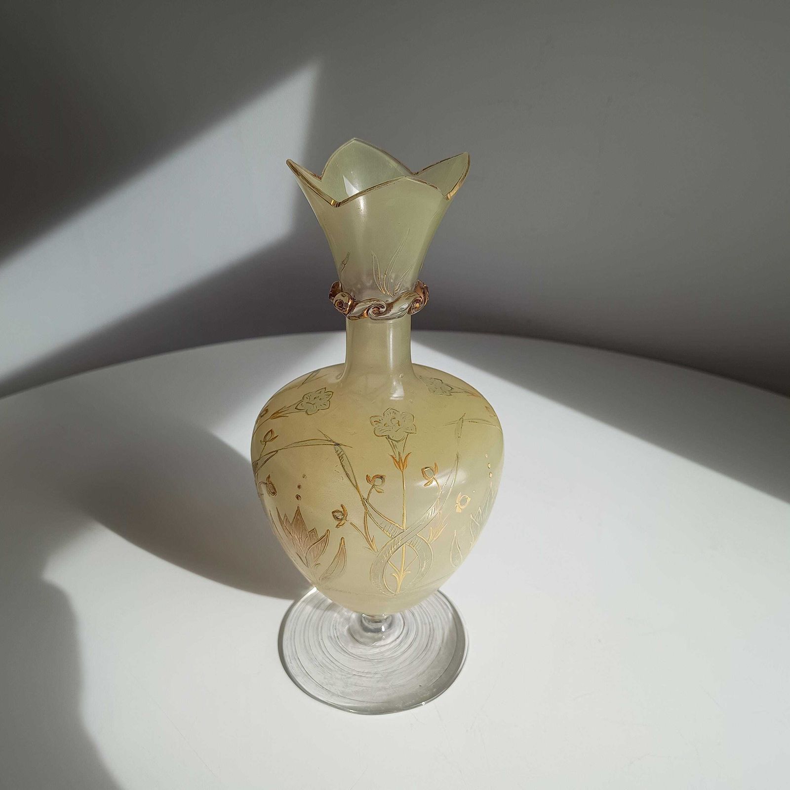 135.0 Antique Harrach Belle Epoque Japonisme Gold Paste Enamel Glass Vase: Quatrefoil Geometric Mouth. photo