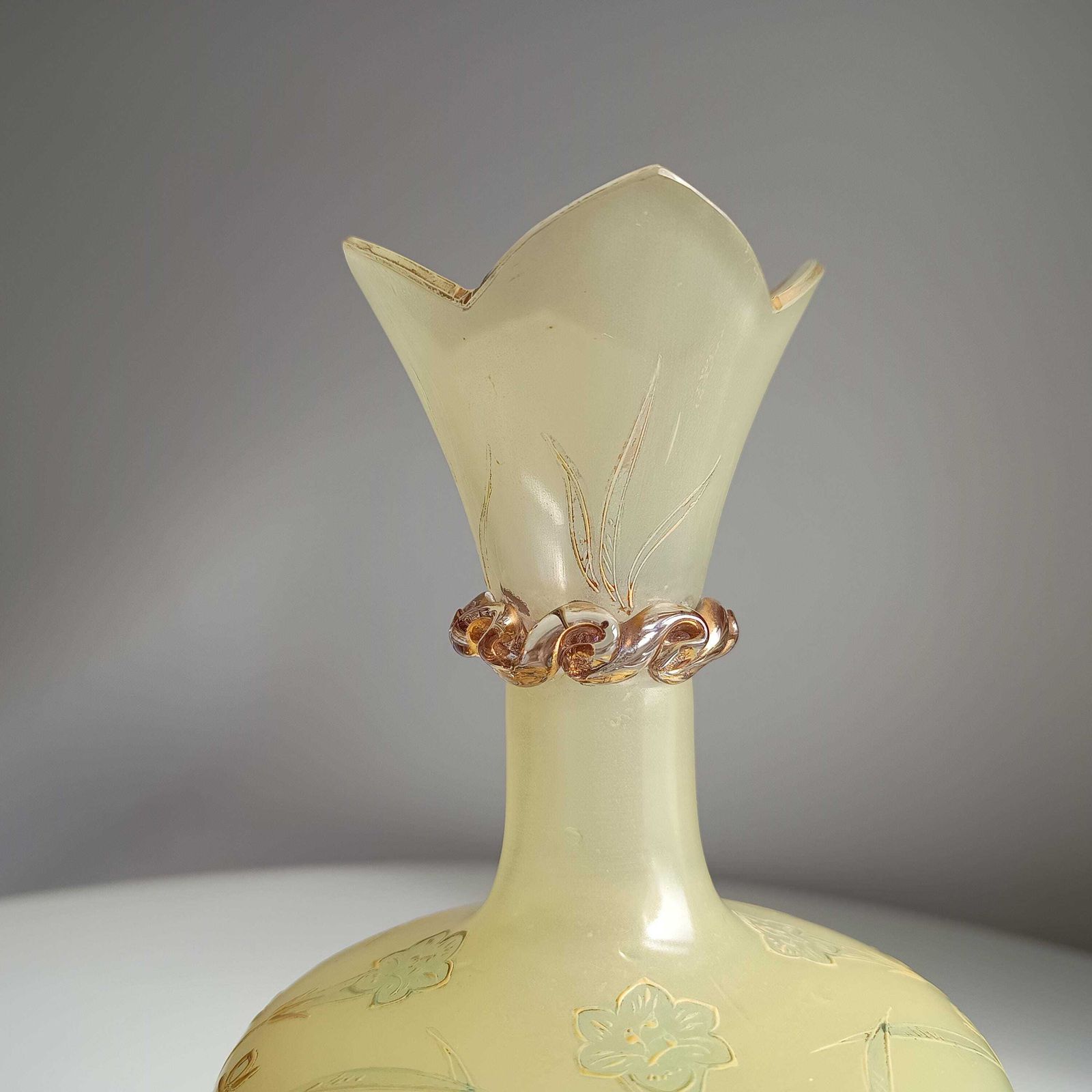 photo buy Antique Harrach Belle Epoque Japonisme Gold Paste Enamel Glass Vase: Quatrefoil Geometric Mouth.