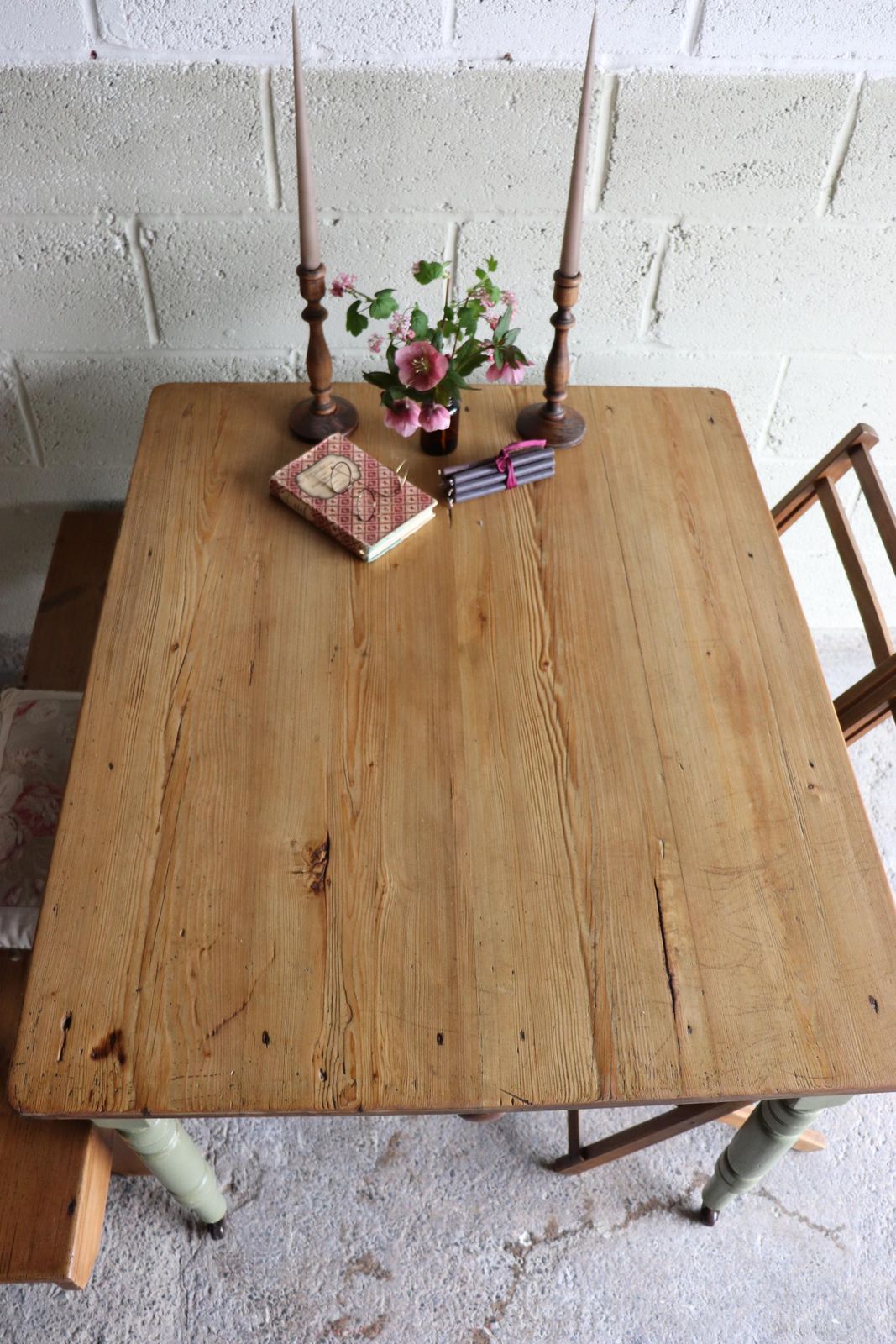 Vintage Pine Farmhouse Table On Castors With Olive Green Paint Finish And Cutlery Drawer photo for sale