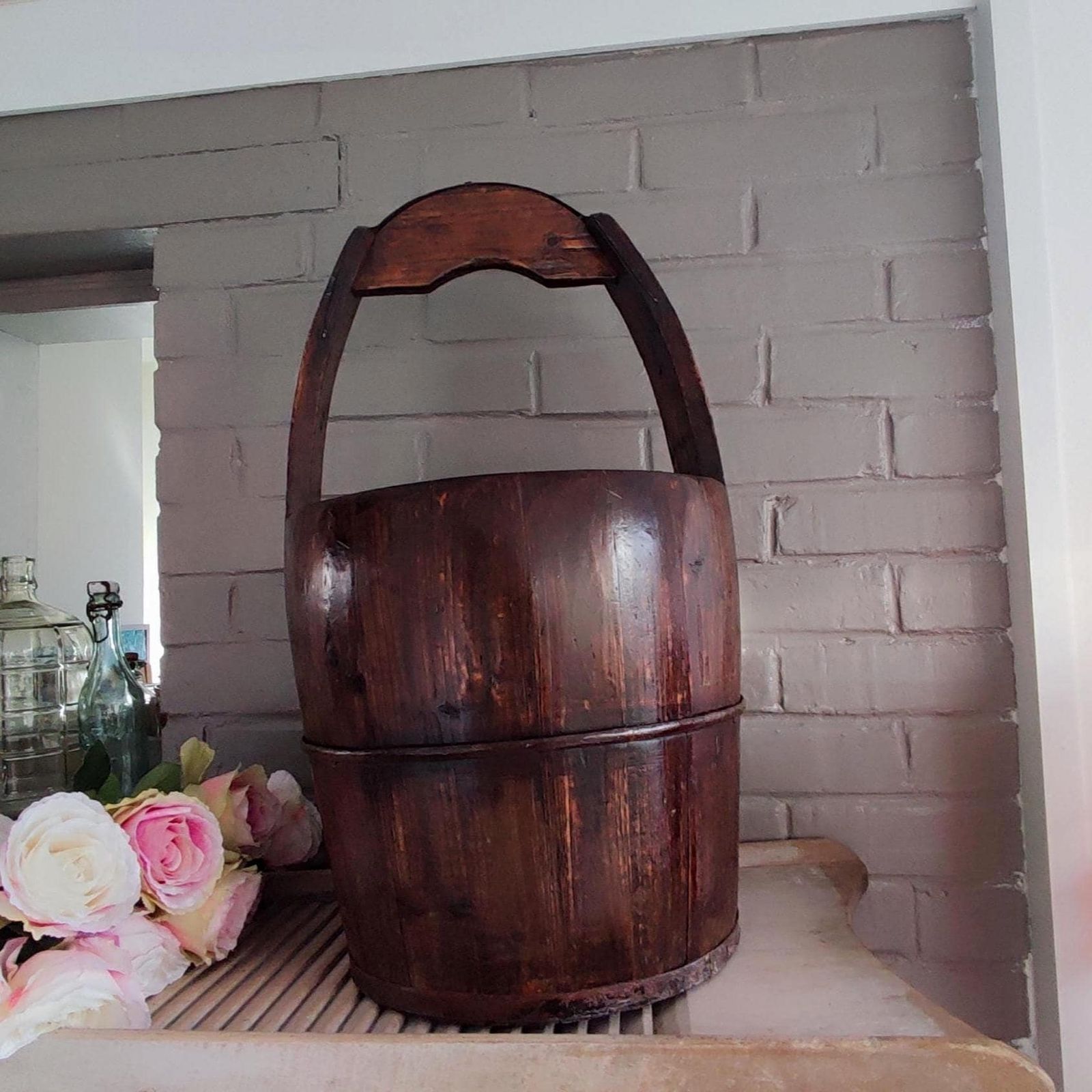 Antique French Wooden Water Well Bucket, Primitive Country Pail With Long Handle