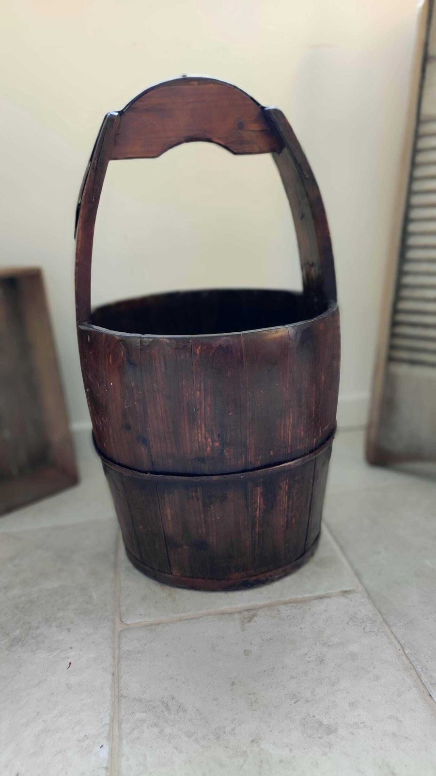 Antique French Wooden Water Well Bucket, Primitive Country Pail With Long Handle photo Home Decor