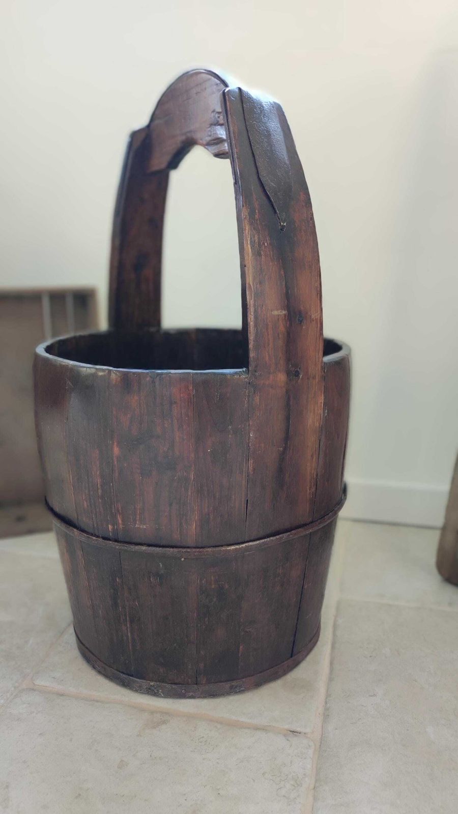 photo furniture Antique French Wooden Water Well Bucket, Primitive Country Pail With Long Handle