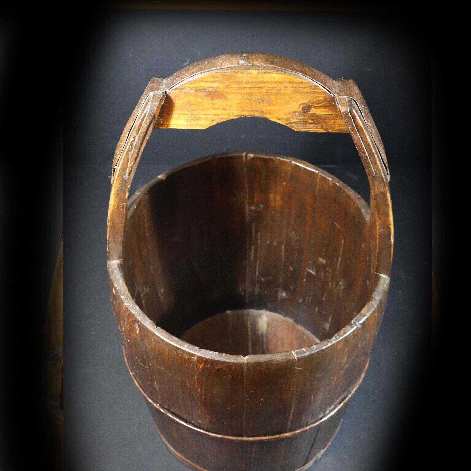 photo for sale Antique French Wooden Water Well Bucket, Primitive Country Pail With Long Handle