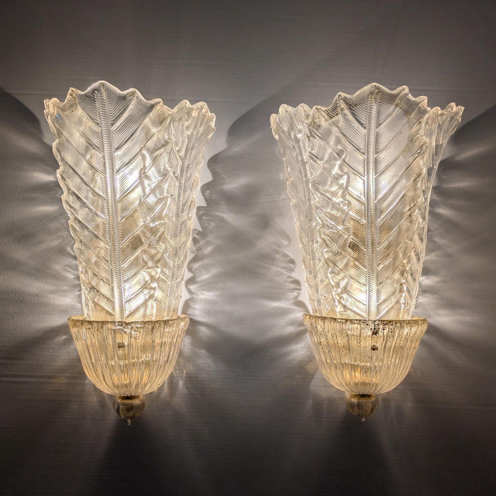 Pair Of Giant Barovier & Toso Foglia D'oro Sconces, 1980s photo vintage