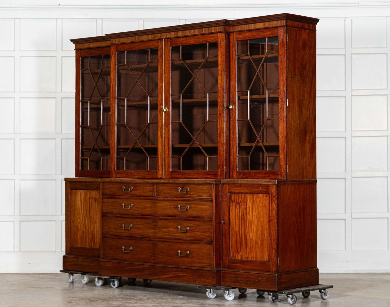 Monumental English Mahogany Breakfront Inlaid Glazed Bookcase photo 8913.0