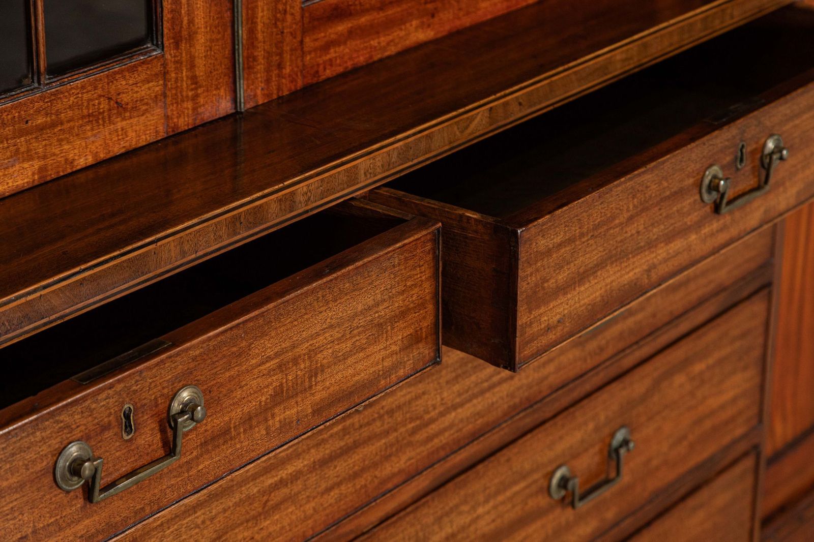 photo furniture Monumental English Mahogany Breakfront Inlaid Glazed Bookcase