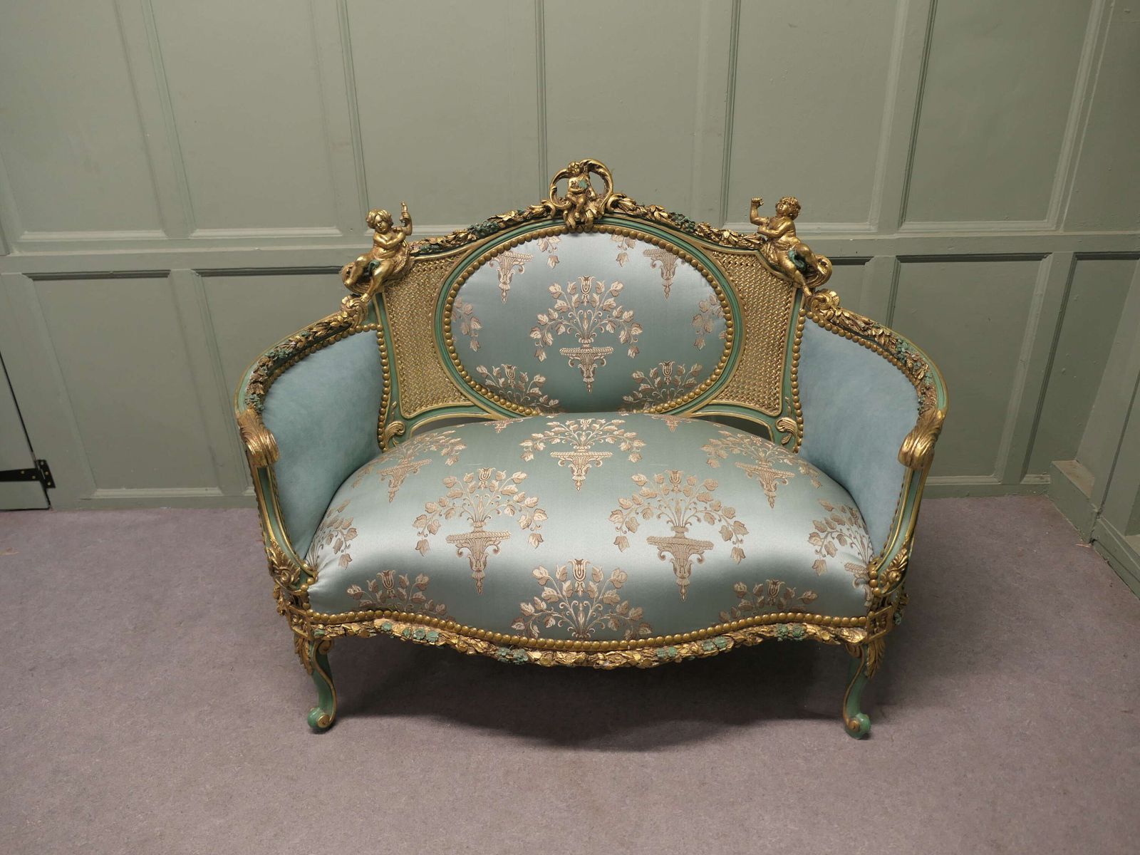 French Green And Gold Boudoir Settee, Silk Love Seat