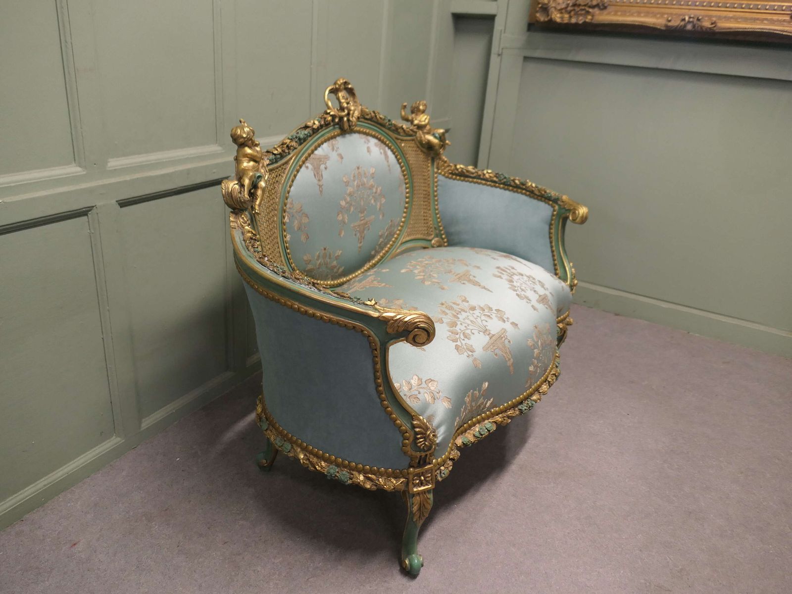 French Green And Gold Boudoir Settee, Silk Love Seat photo furniture