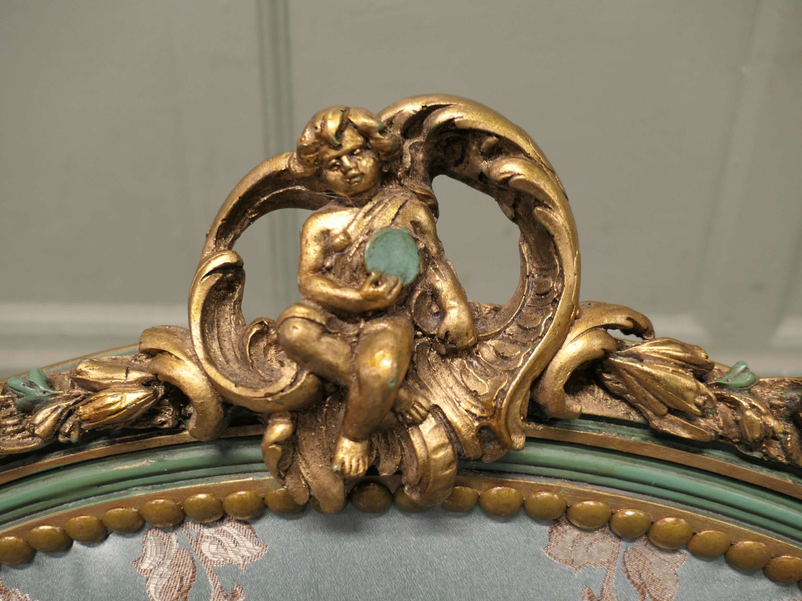 French Green And Gold Boudoir Settee, Silk Love Seat photo for sale