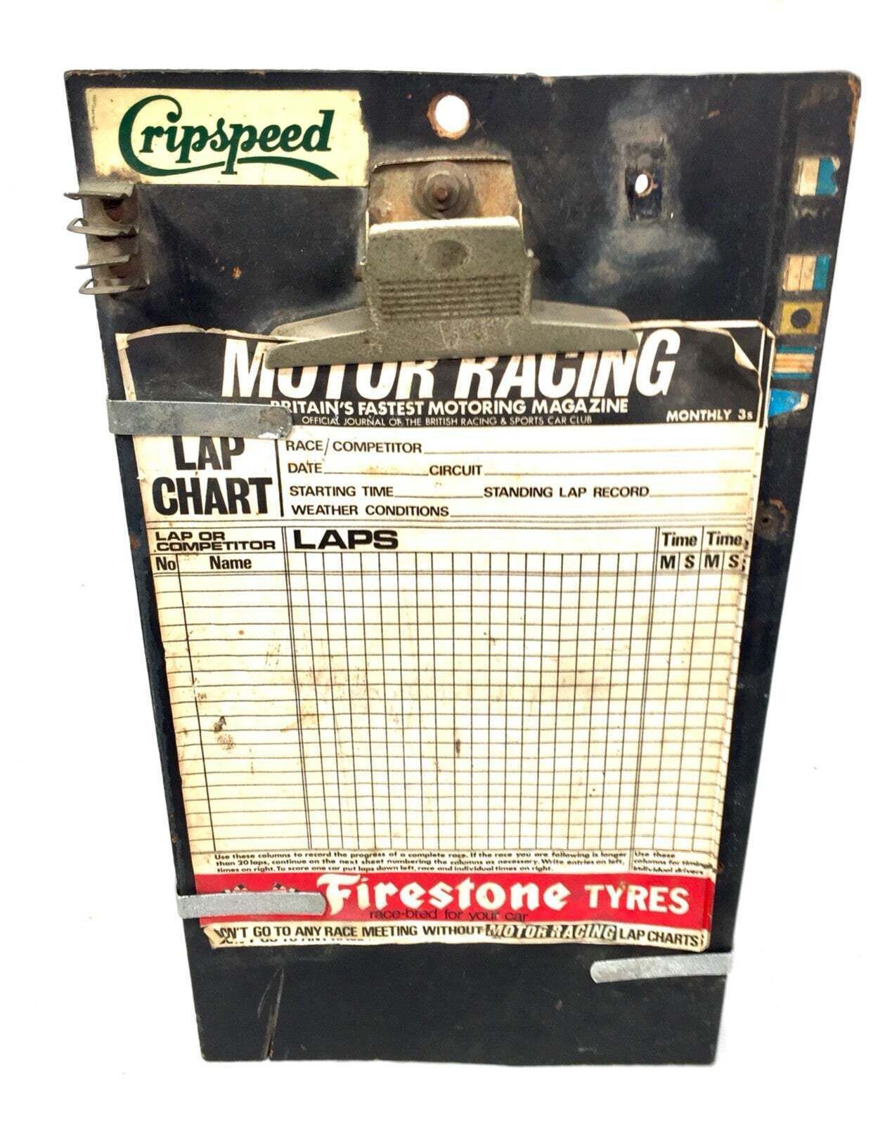 Antique Advertising British Motor Racing Lap Chart Sheets On Cripspeed Clipboard photo for sale