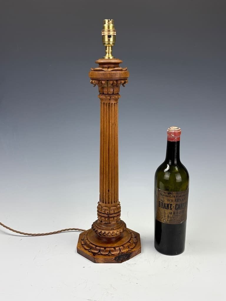 Antique Carved Oak Corinthian Column Table Lamp C.1920 – Neoclassical Revival Lighting photo for sale