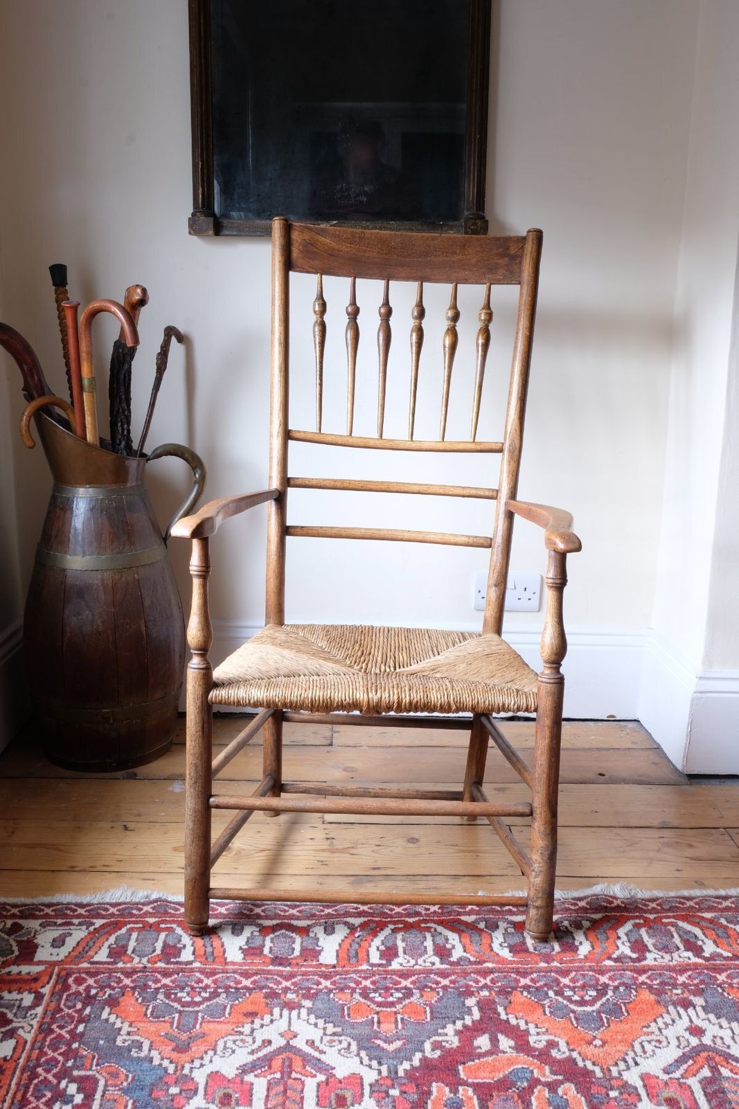 1660.0 Philip Clissett Arts & Crafts Ash Rush Seat Spindle Back Armchair, Herefordshire Circa 1890 photo
