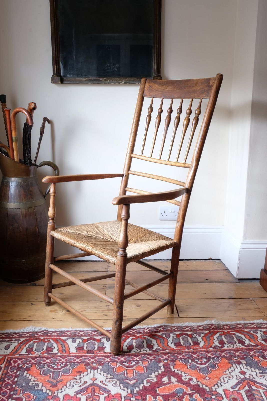 photo vintage Philip Clissett Arts & Crafts Ash Rush Seat Spindle Back Armchair, Herefordshire Circa 1890