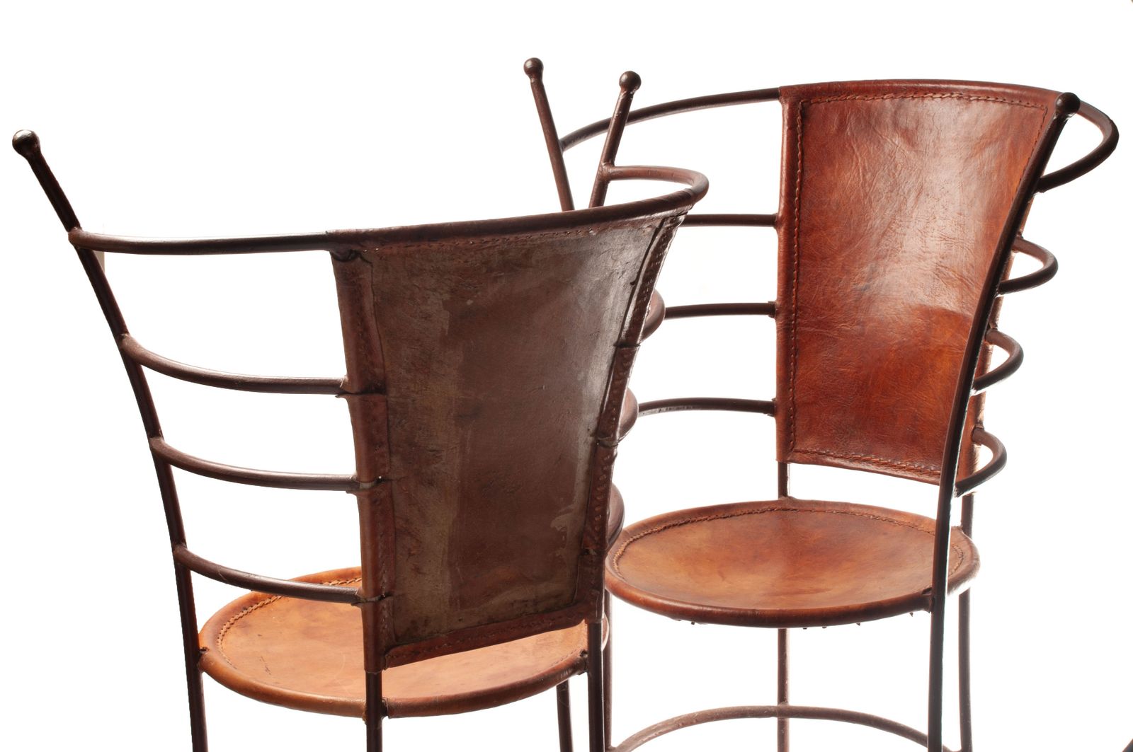 A Pair Of Mid Century Spanish Wrought Iron And Leather Chairs photo for sale