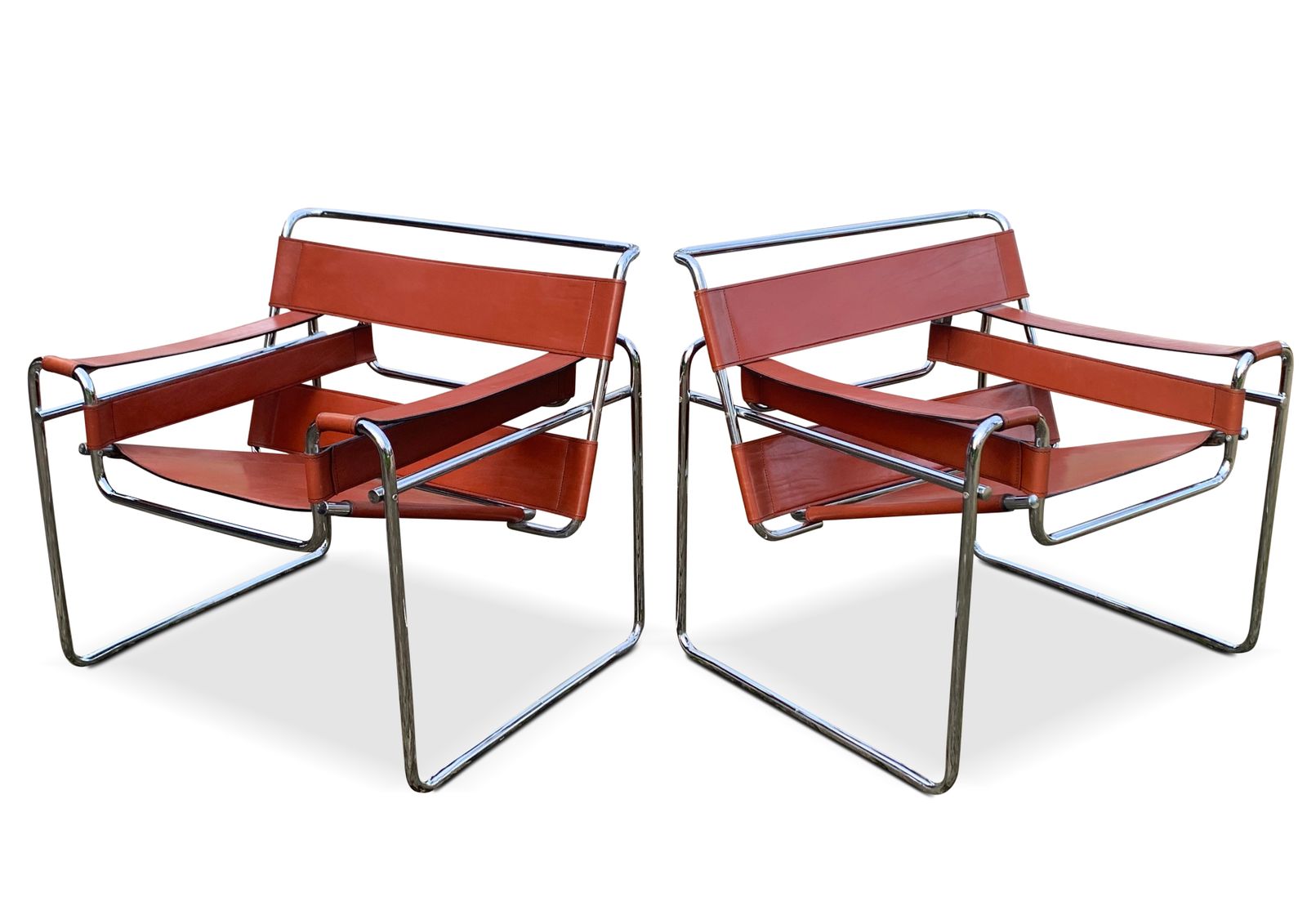 Pair Of Tubular Chrome And Tan Brown Leather Wassily Chair / B3 Chair Designed By Marcel Breuer   Later Habitat Version