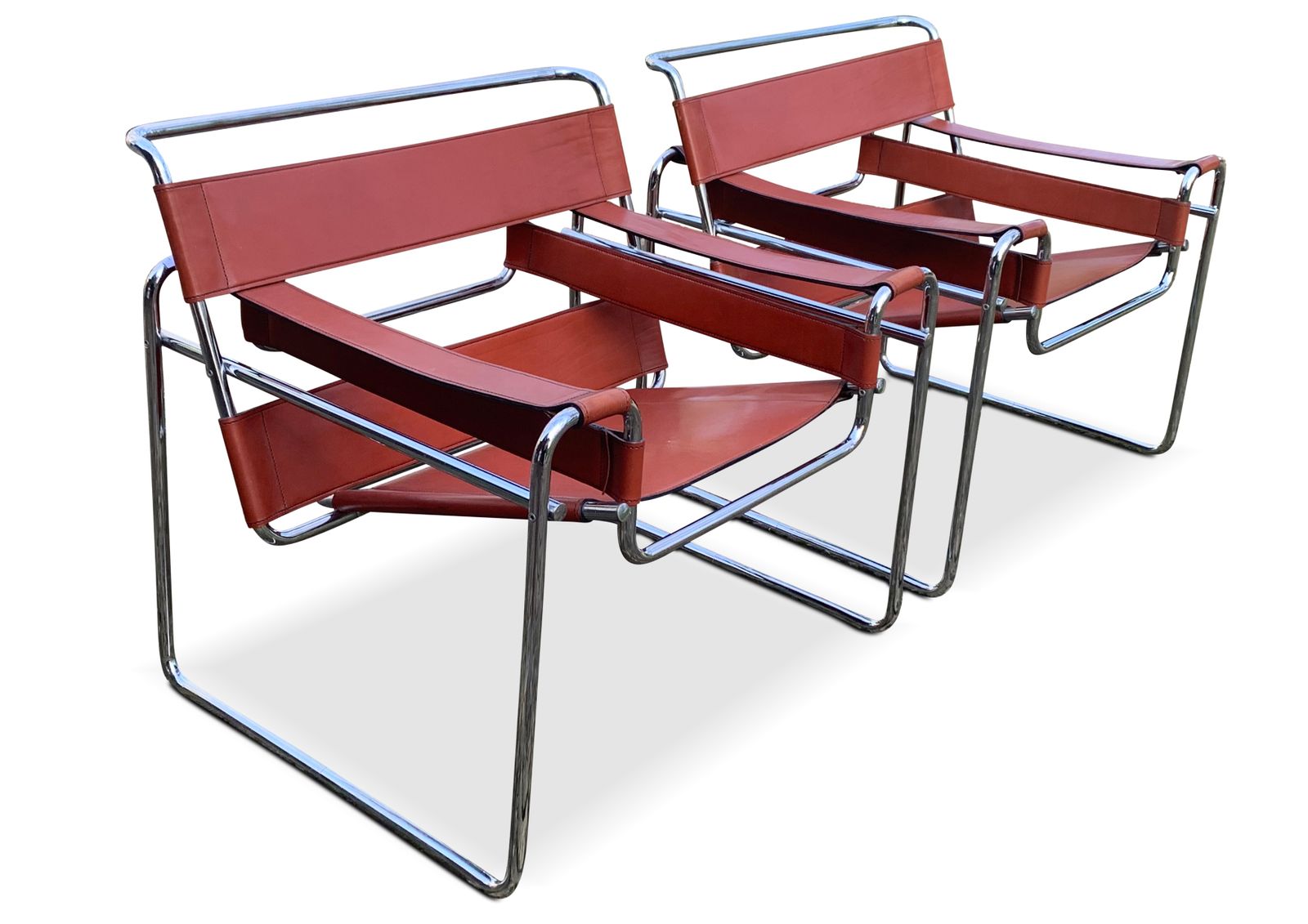 photo for sale Pair Of Tubular Chrome And Tan Brown Leather Wassily Chair / B3 Chair Designed By Marcel Breuer   Later Habitat Version