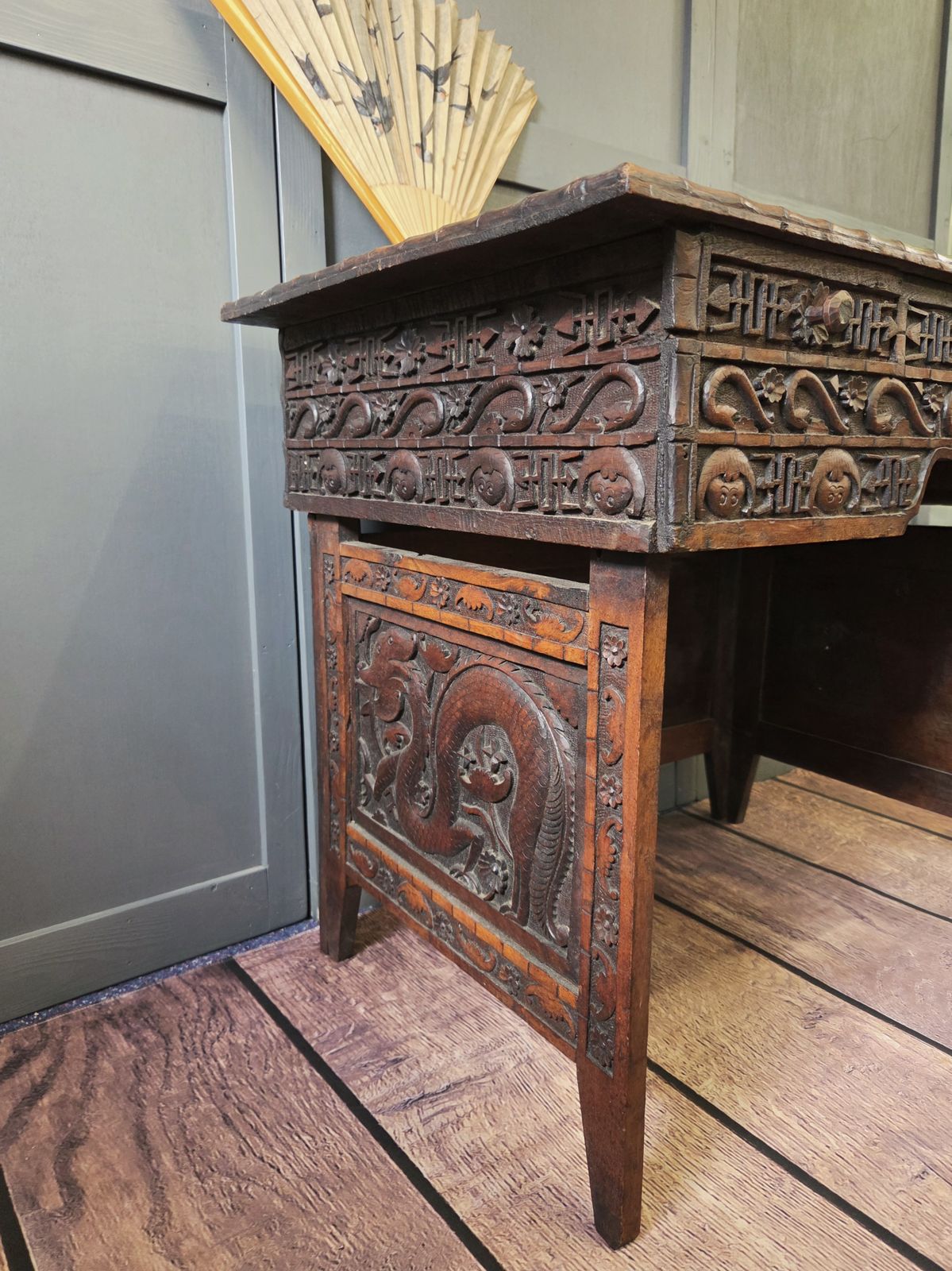 Antique Japanese Meiji Period Folding Scholar’s Desk – Carved Keyaki Wood Scribe C.1890 photo Furniture