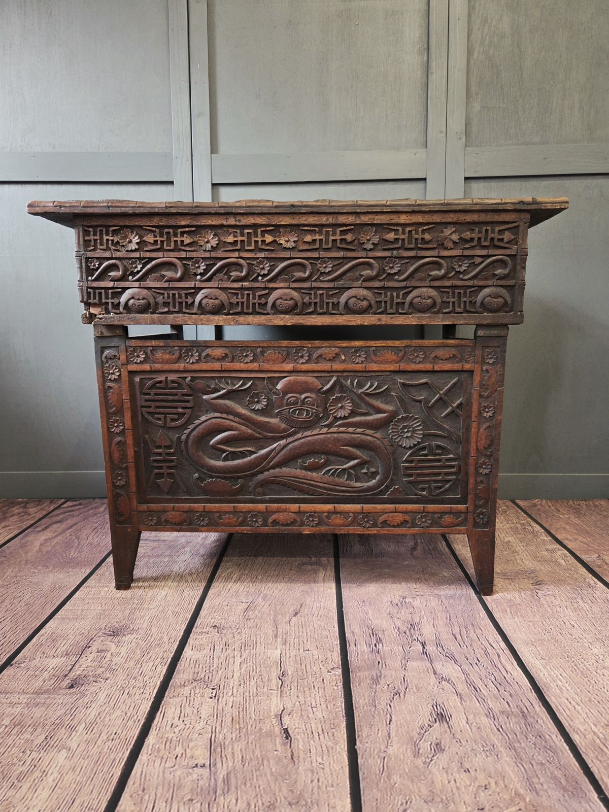 Antique Japanese Meiji Period Folding Scholar’s Desk – Carved Keyaki Wood Scribe C.1890 photo vintage