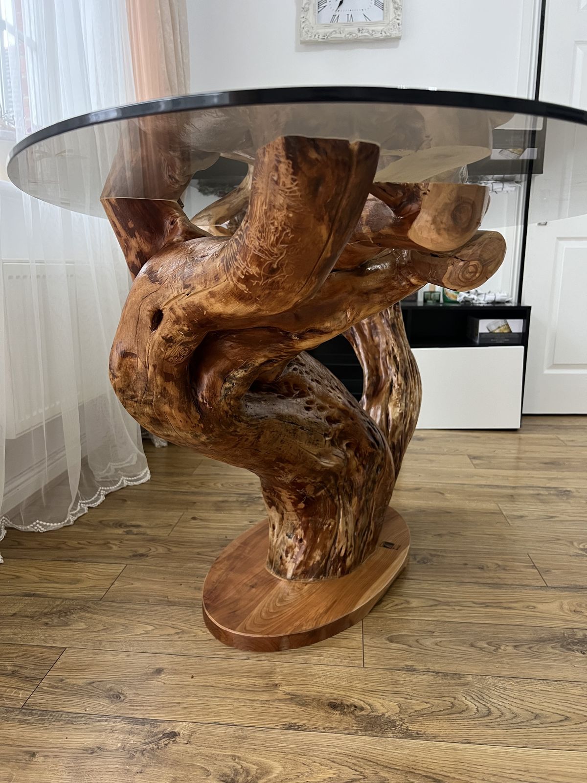 Handcrafted/Handmade Wild Cherry Root Dining Table With Glass Top – Sculptural Natural Wood photo 2100.0