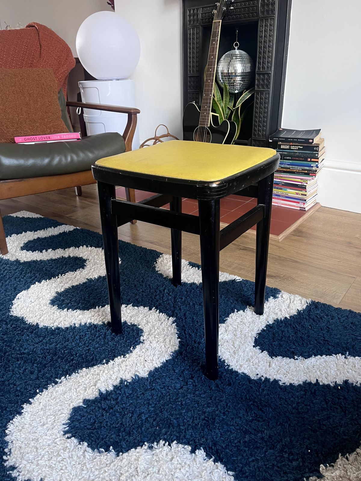 1960s Mid Century Vintage Kitchen Stool – Black Wooden Frame With Yellow Leather Seat