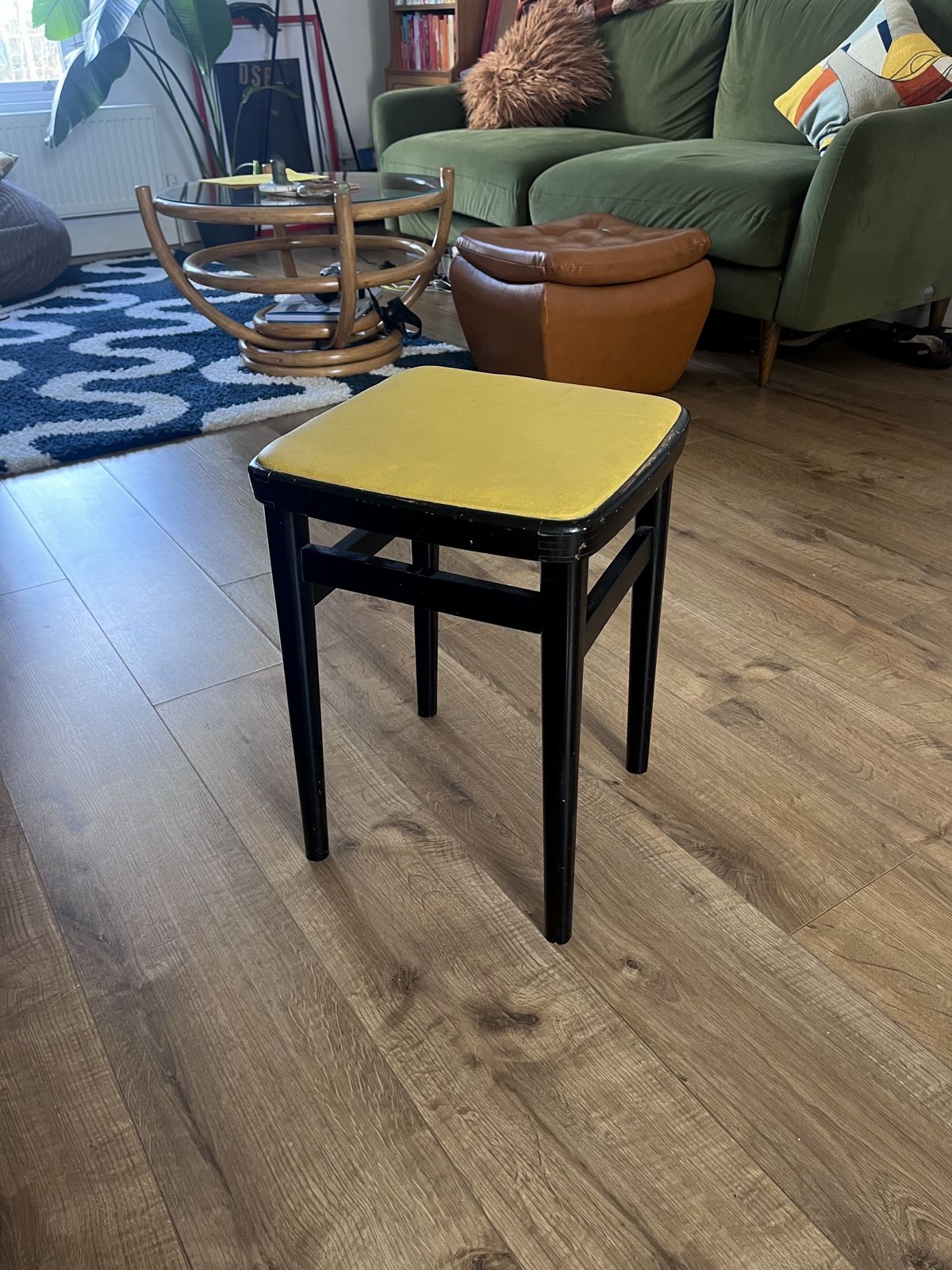1960s Mid Century Vintage Kitchen Stool – Black Wooden Frame With Yellow Leather Seat photo vinterior