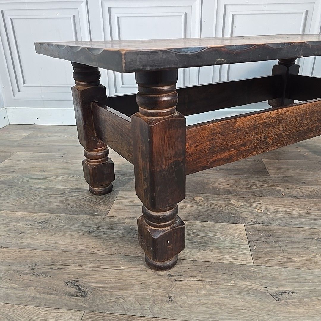 Vintage Rustic Coffee Table Oak Turned Refectory Antique Style Plank Wooden photo for sale