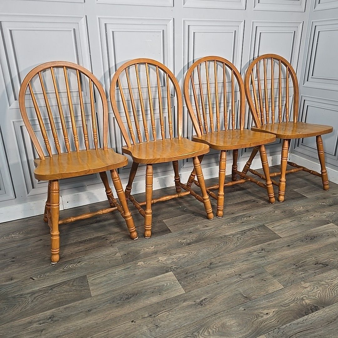 Vintage Windsor Dining Chairs Set Of 4 Solid Wooden Hoop Back Seats Retro photo furniture