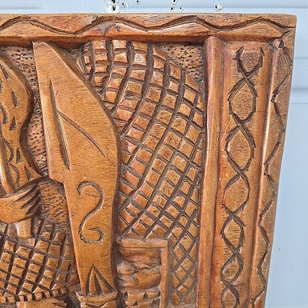 Art Vintage Carved Wall Panel African Tribal Style Relief Wooden Decorative photo