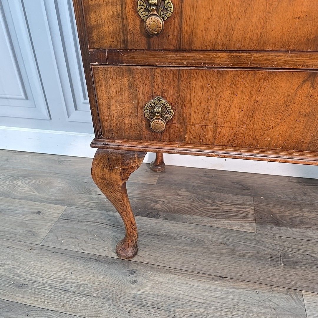 Furniture Antique Bureau Writing Desk Wooden Walnut Veneer Queen Anne Style Vintage photo