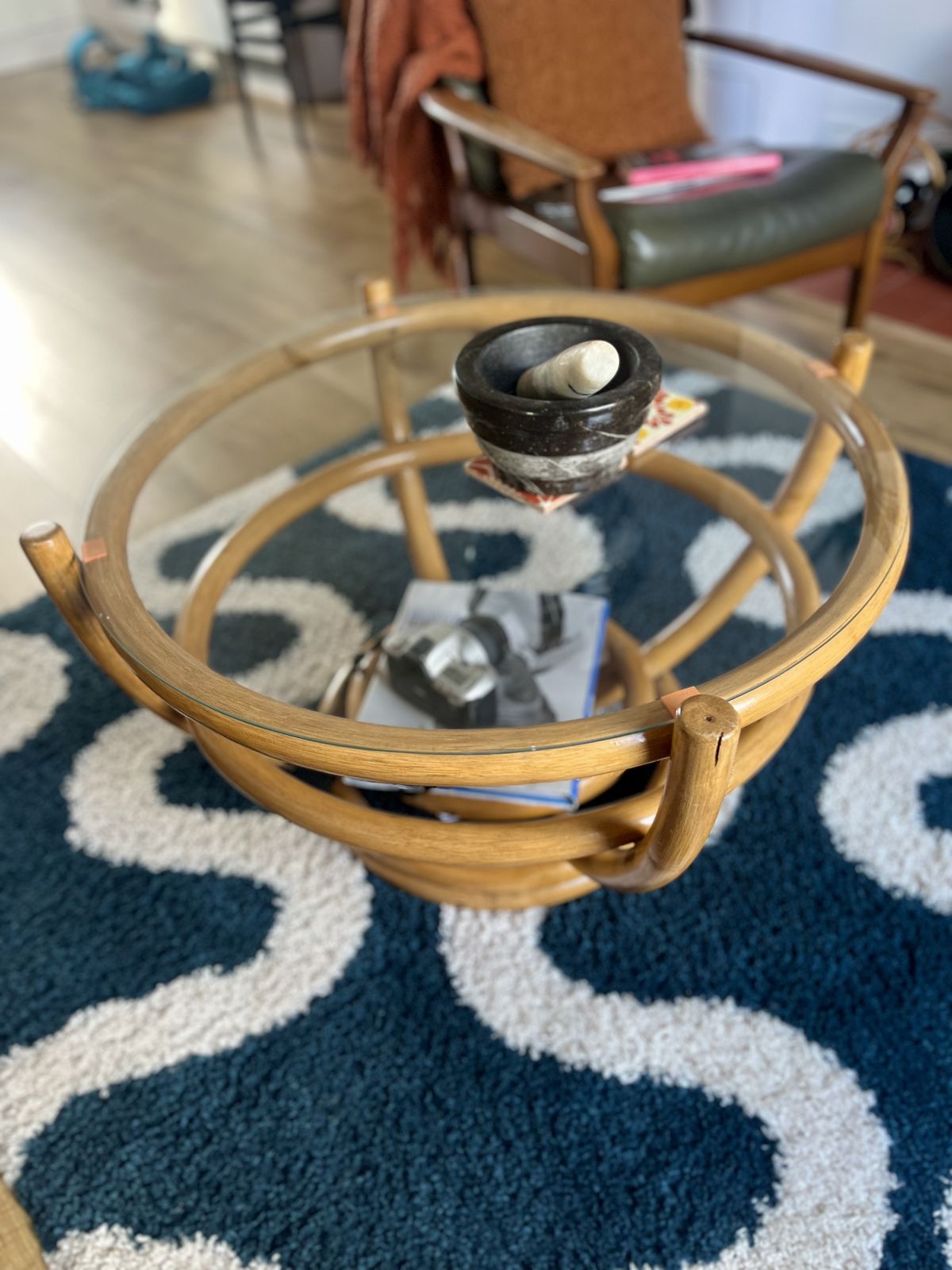 1960s Angraves Bamboo & Glass Coffee Table – Round Boho Mid Century photo Furniture