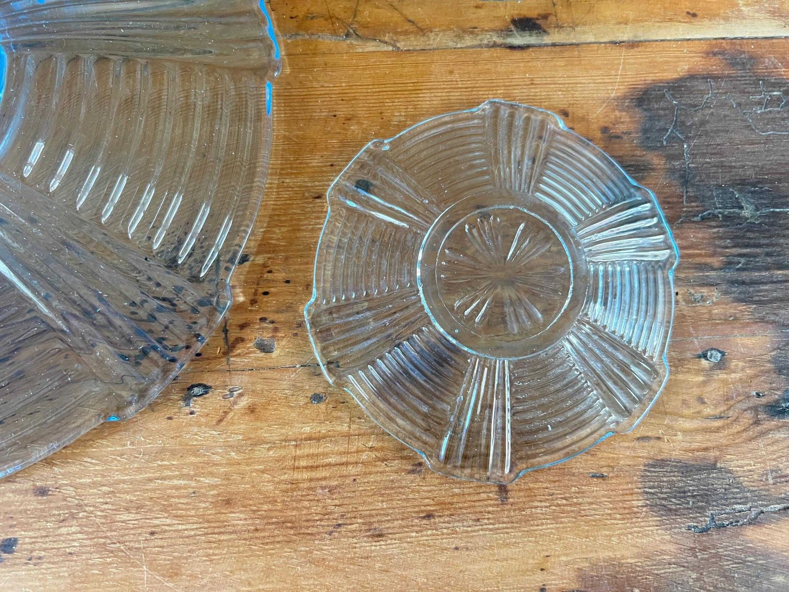 Home Decor Vintage Ice Blue Art Deco Depression Glass Set – Large Scalloped Serving Plate & Matching Small Plates – Mid Century Ribbed Sunburst Platter photo