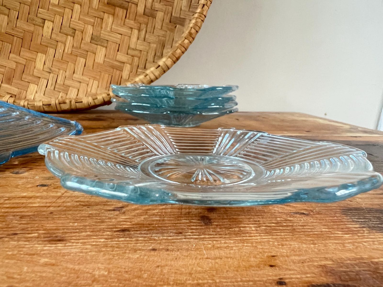 photo buy Vintage Ice Blue Art Deco Depression Glass Set – Large Scalloped Serving Plate & Matching Small Plates – Mid Century Ribbed Sunburst Platter
