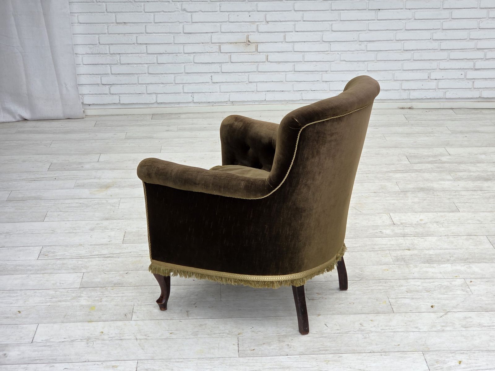 970.0 1950s, Scandinavian Armchair, Green Furniture Velour, Ash Wood. photo