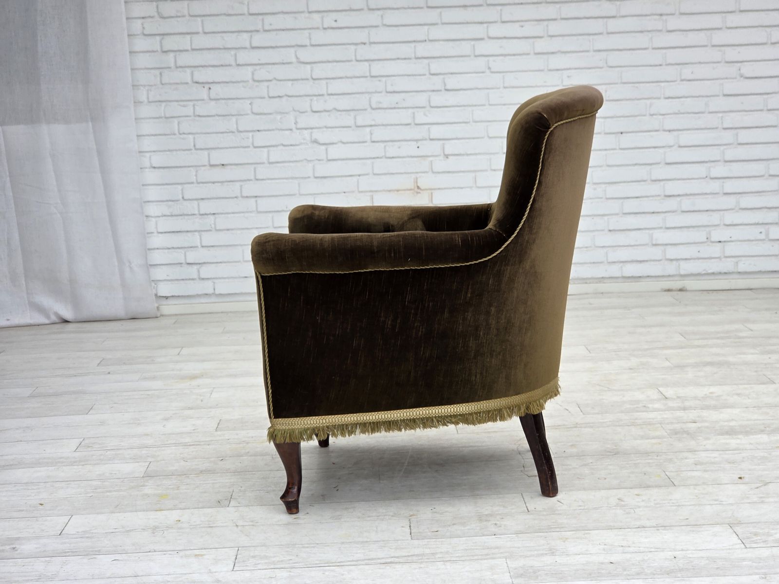photo buy 1950s, Scandinavian Armchair, Green Furniture Velour, Ash Wood.