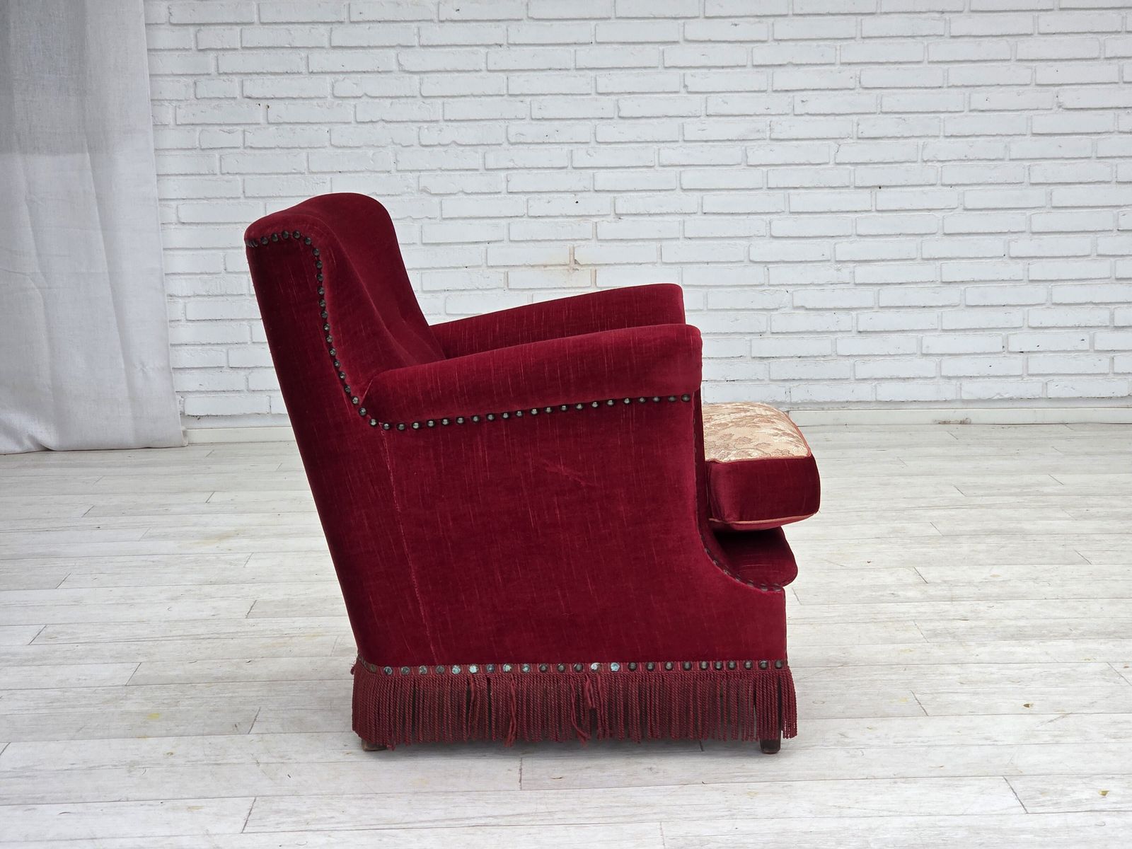 photo for sale 1970s, Danish Armchair, Red Furniture Velour, Ash Wood.