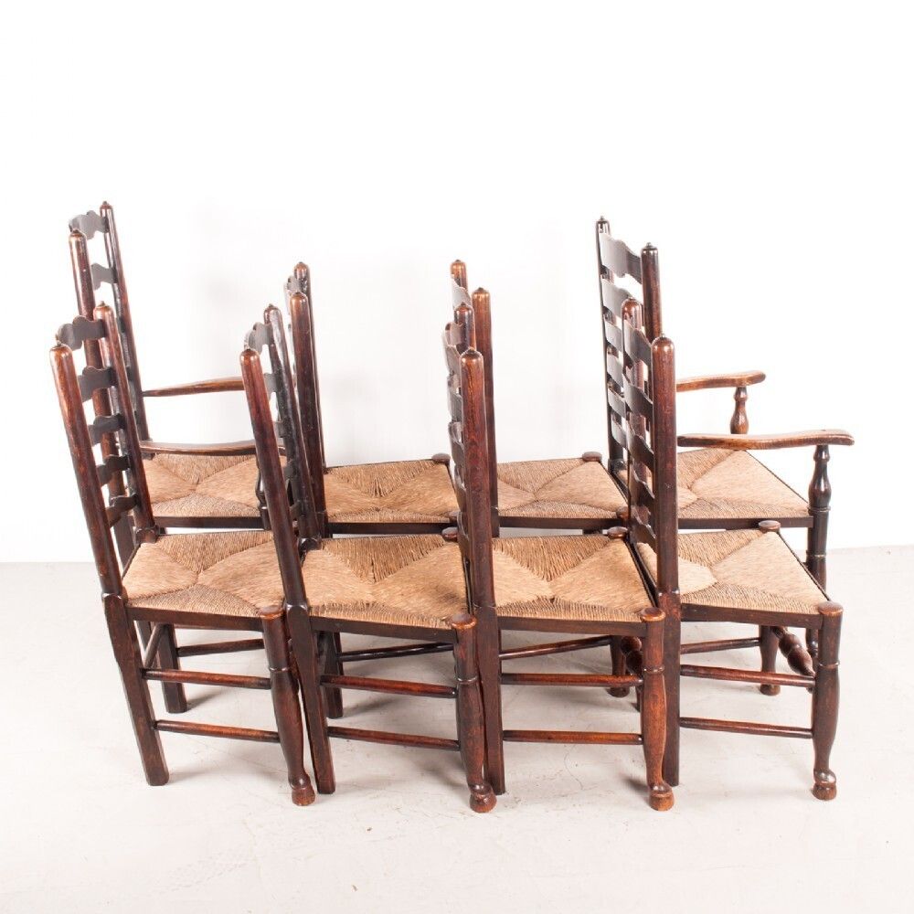 Set Of 8 (6+2) 19thc Farmhouse Rush Seated Ladderback Chairs photo for sale
