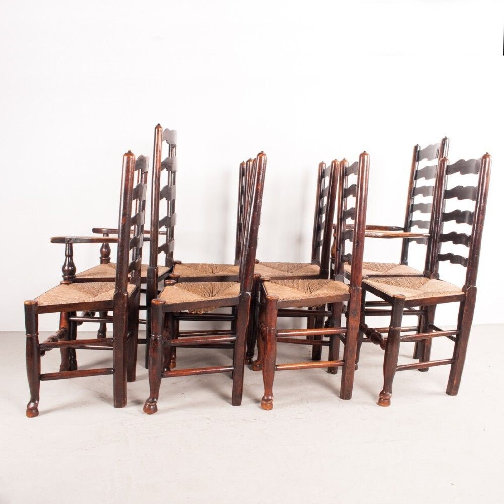 Set Of 8 (6+2) 19thc Farmhouse Rush Seated Ladderback Chairs photo vinterior